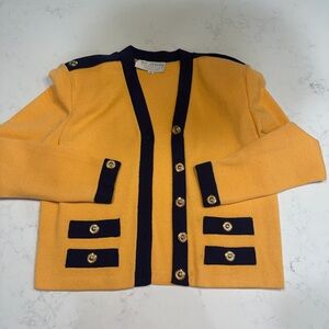 St. John Marie Gray Santana Knit Cardigan Jacket rare Yellow Navy Gold Buttons S